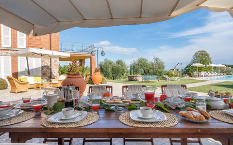Villa Gabri 8: Furniture, Table, Outdoor Furniture, Chair, Kitchen & Dining Room Table, Outdoor Table, Umbrella, Food, Tablecloth, Swimming Pool