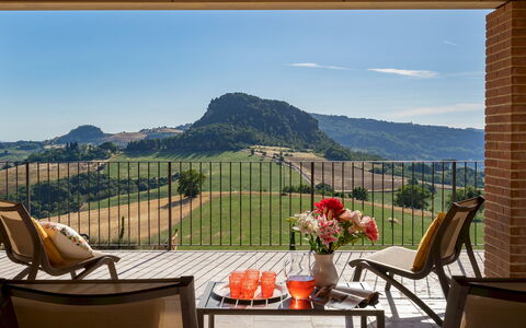 Il Poggiarellone 14: Furniture, Hill, Outdoor Furniture, Chair, Outdoor Table, Mountain Range, Eco Hotel, Shade, Balcony, Kitchen & Dining Room Table