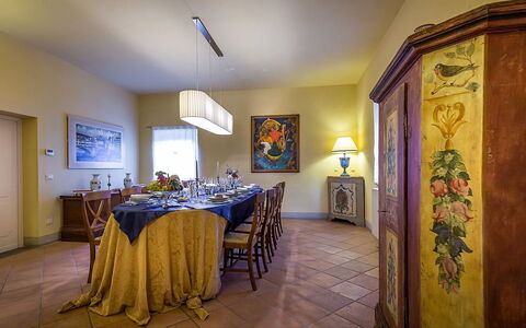 Le Querce dei Medici 12+2: Furniture, Interior Design, Flooring, Floor, Ceiling, Table, Lighting, Room, Picture Frame, Dining Room
