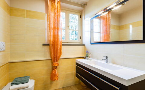Villa Luigina 8: Flooring, Plumbing Fixture, Interior Design, Bathroom, Floor, Plumbing, Tap, Tile, Sink, Room