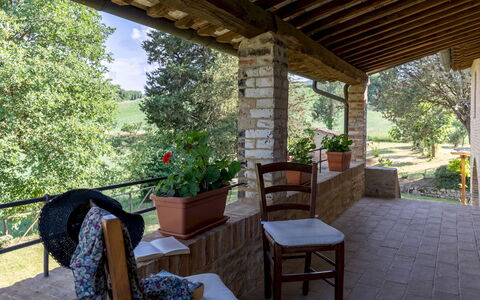 Podere Madonna di Mezzo 6: Wood, Furniture, Chair, Outdoor Furniture, Shade, Porch, Cottage, Flowerpot, Garden, Outdoor Structure