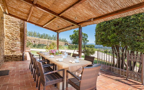 Bossoncina 8+1: Furniture, Chair, Kitchen & Dining Room Table, Table, Resort, Outdoor Furniture, Outdoor Table, Shade, Eco Hotel, Porch