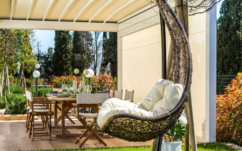 Villa Sole al Molino a Vento 8: Furniture, Garden, Outdoor Furniture, Shade, Chair, Outdoor Structure, Eco Hotel, Patio, Flowerpot, Houseplant
