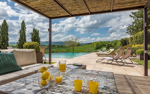 Podere Fabbrica 12: Furniture, Outdoor Furniture, Chair, Table, Kitchen & Dining Room Table, Outdoor Table, Shade, Garden, Resort