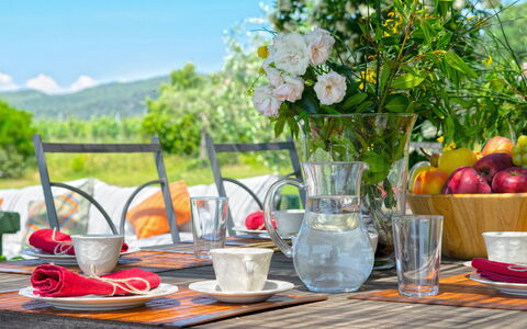Villa Il Meluccio 12: Tableware, Table, Furniture, Serveware, Drinkware, Food, Dishware, Fruit, Plate, Tablecloth