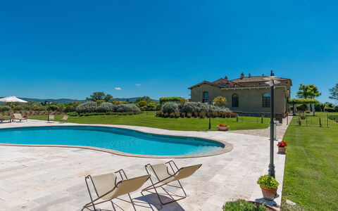 Villa le Chiarne 22: Sky, Blue, Swimming Pool, Estate, Outdoor Furniture, Landscaping, Lawn, Shade, Hacienda, Villa