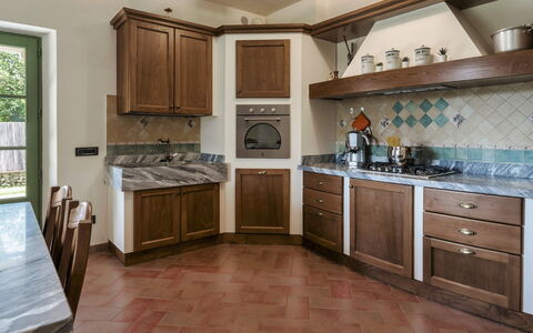Villa Elsa 6: Kitchen, Interior Design, Countertop, Cabinetry, Furniture, Wood, Flooring, Major Appliance, Kitchen Appliance, Lighting
