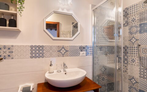 Villa Beltramonto 14: Flooring, Floor, Interior Design, Tile, Bathroom, Plumbing Fixture, Room, Ceiling, Plumbing