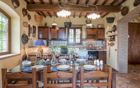 Villa Mila 6: Furniture, Interior Design, Wood, Table, Dining Room, Kitchen & Dining Room Table, Chair, Ceiling, Flooring, Lighting