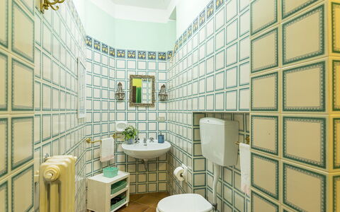 Villa Rinaldi 6: Flooring, Interior Design, Floor, Tile, Glass, Bathroom, Wallpaper, Paint, Toilet