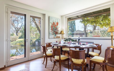 Villa Mimmina 8: Furniture, Interior Design, Dining Room, Chair, Table, Flooring, Kitchen & Dining Room Table, Wood, Floor, Ceiling