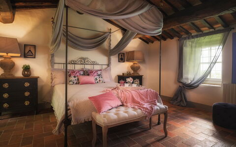Villa Marraccini 8: Furniture, Bed, Interior Design, Bedroom, Bedding, Linens, Bed Sheet, Textile, Home, Lighting