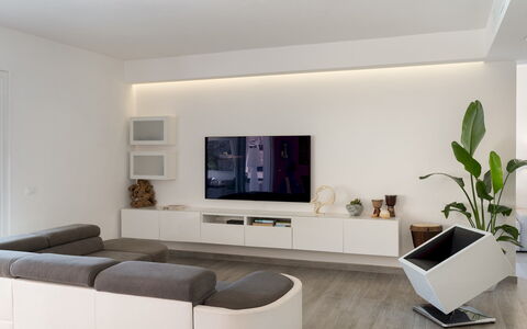Villa Pietro 10: Furniture, Interior Design, Wall, Flooring, Wood, Television, Ceiling, Living Room, Floor, Room