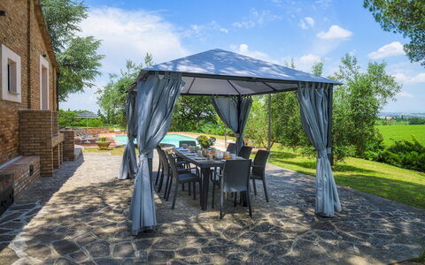 Fonte Pinella 8: Furniture, Chair, Outdoor Furniture, Gazebo, Shade, Canopy, Table, Outdoor Table, Garden, Outdoor Structure