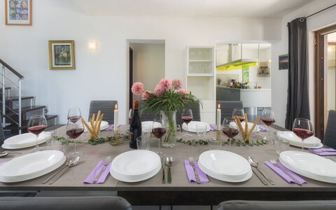 Villa Maggiorana 10: Furniture, Interior Design, Table, Chair, Flooring, Ceiling, Kitchen & Dining Room Table, Lighting, Room, Dining Room
