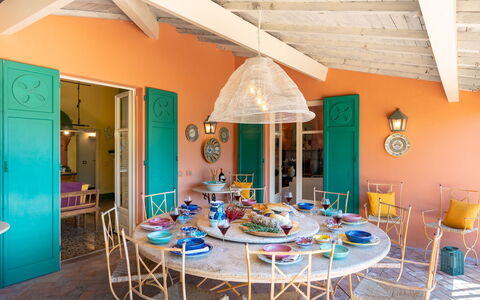 Villa Corallina 12: Furniture, Interior Design, Chair, Table, Dining Room, Lighting, Kitchen & Dining Room Table, Ceiling, Home, Light Fixture