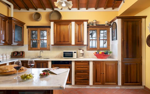 Podere Belvedere 6: Furniture, Kitchen, Cabinetry, Countertop, Interior Design, Wood, Flooring, Kitchen Appliance, Cupboard, Home
