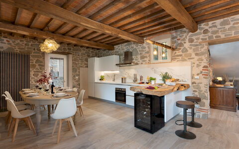 Villa Carlotta 8: Furniture, Interior Design, Flooring, Ceiling, Floor, Home, Chair, Table, Room, Kitchen