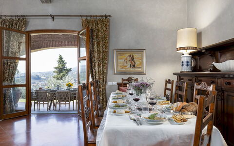 Villa Adisa 8: Furniture, Table, Chair, Dining Room, Interior Design, Home, Kitchen & Dining Room Table, Tablecloth, Barware, Stemware