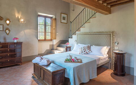 Casale la Splendida 10: Furniture, Wall, Flooring, Interior Design, Home, Bedroom, Floor, Bed, Lighting, Bed Frame