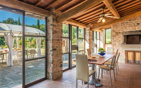 Casale la Splendida 10: Furniture, Wood, Table, Kitchen & Dining Room Table, Interior Design, Chair, Ceiling, Flooring, Dining Room, Door