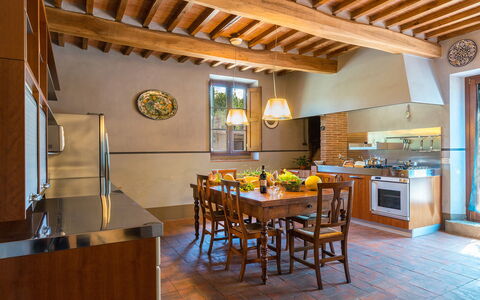 Casale la Splendida 10: Furniture, Interior Design, Kitchen, Flooring, Countertop, Wood, Ceiling, Cabinetry, Floor, Home