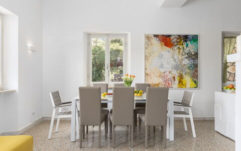 Villa Meraviglia 8: Furniture, Interior Design, Flooring, Chair, Table, Wall, Floor, Wood, Kitchen & Dining Room Table, Dining Room