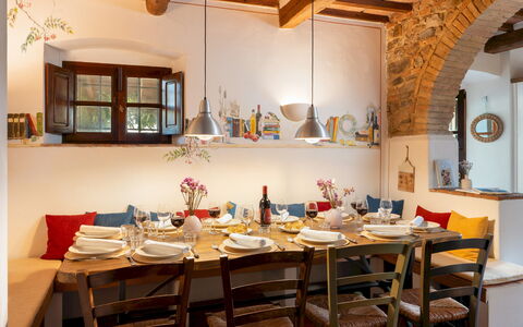 Villa Allodola 12: Furniture, Interior Design, Table, Ceiling, Chair, Dining Room, Tableware, Kitchen & Dining Room Table, Textile, Light Fixture