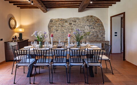 Podere San Lorenzo 12: Furniture, Interior Design, Table, Wood, Dining Room, Flooring, Kitchen & Dining Room Table, Chair, Lighting, Floor