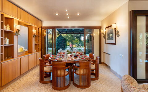 Villa Puntala 10: Furniture, Interior Design, Wood, Flooring, Table, Ceiling, Dining Room, Chair, Kitchen & Dining Room Table, Lighting