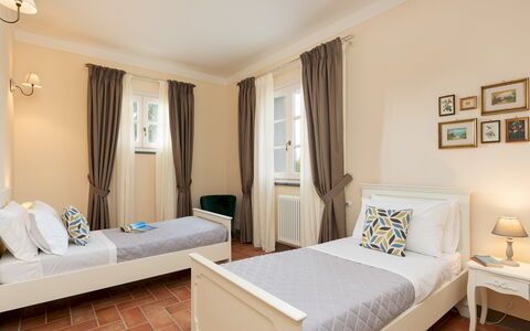 Villa Iole 14: Furniture, Interior Design, Wood, Bed, Floor, Flooring, Room, Bedroom, Textile, Ceiling