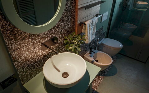 Agriresort Bacaringhe 13: Interior Design, Plumbing Fixture, Bathroom Sink, Bathroom, Sink, Plumbing, Light Fixture, Mirror, Tap, Houseplant
