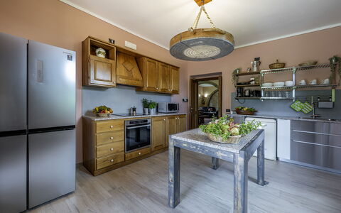 Podere Gellino 14: Furniture, Interior Design, Kitchen, Cabinetry, Flooring, Wood, Kitchen Appliance, Floor, Ceiling, Countertop
