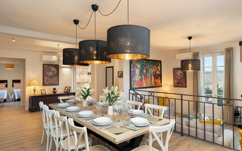 Villa Francesca 10: Furniture, Interior Design, Chair, Table, Flooring, Dining Room, Light Fixture, Kitchen & Dining Room Table, Ceiling, Lighting