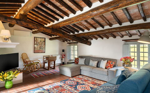 Villa delle Silerchie 10: Furniture, Interior Design, Couch, Wood, Flooring, Ceiling, Floor, Table, Home, Living Room