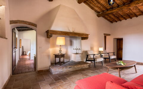 Casa Clara Pool, Casole Elsa, Monti: Wall, Furniture, Flooring, Interior Design, Ceiling, Floor, Home, Chair, Room, Living Room
