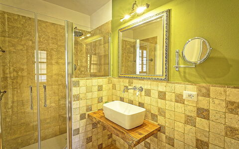Villa Amadeo: Bathroom, Room, Property, Interior Design, Tile, Yellow, Building, Wall, Real Estate, Floor