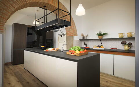 Villa Giare: Kitchen, Interior Design, Furniture, Flooring, Wood, Countertop, Light Fixture, Kitchen Appliance, Ceiling, Floor