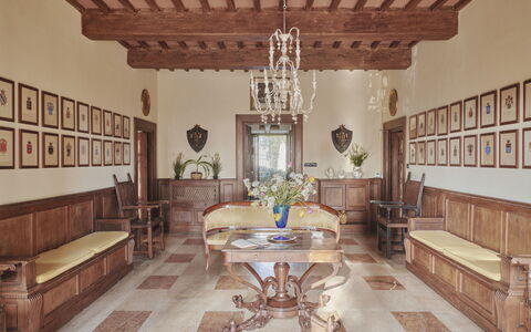 Villa Pedone: Property, Table, Furniture, Picture Frame, Building, Couch, Wood, Interior Design, Living Room, Hall