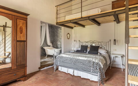Villa Castiglione: Furniture, Interior Design, Flooring, Bedroom, Bed, Floor, Wood, Ceiling, Room, Lighting