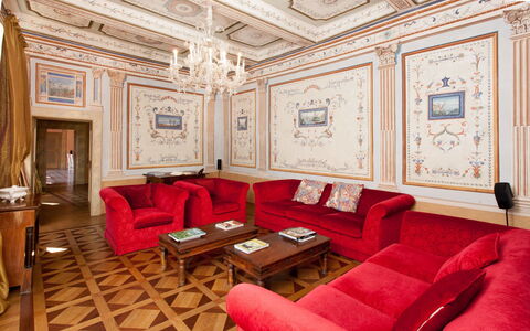 Villa Gubbio: Room, Property, Interior Design, Furniture, Red, Building, Living Room, Ceiling, Suite, House