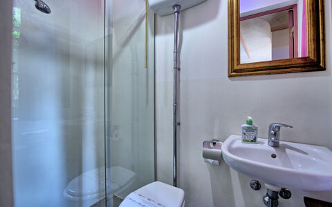 Villa Nova: Mirror, Plumbing Fixture, Property, Sink, Tap, Purple, Bathroom, Bathroom Sink, Shower Door, Shower Head