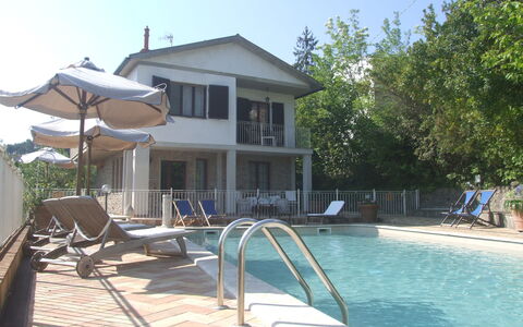 Villa Il Castagno: Water, Sky, Building, Swimming Pool, Plant, Outdoor Furniture, Shade, Sunlounger, House, Tree